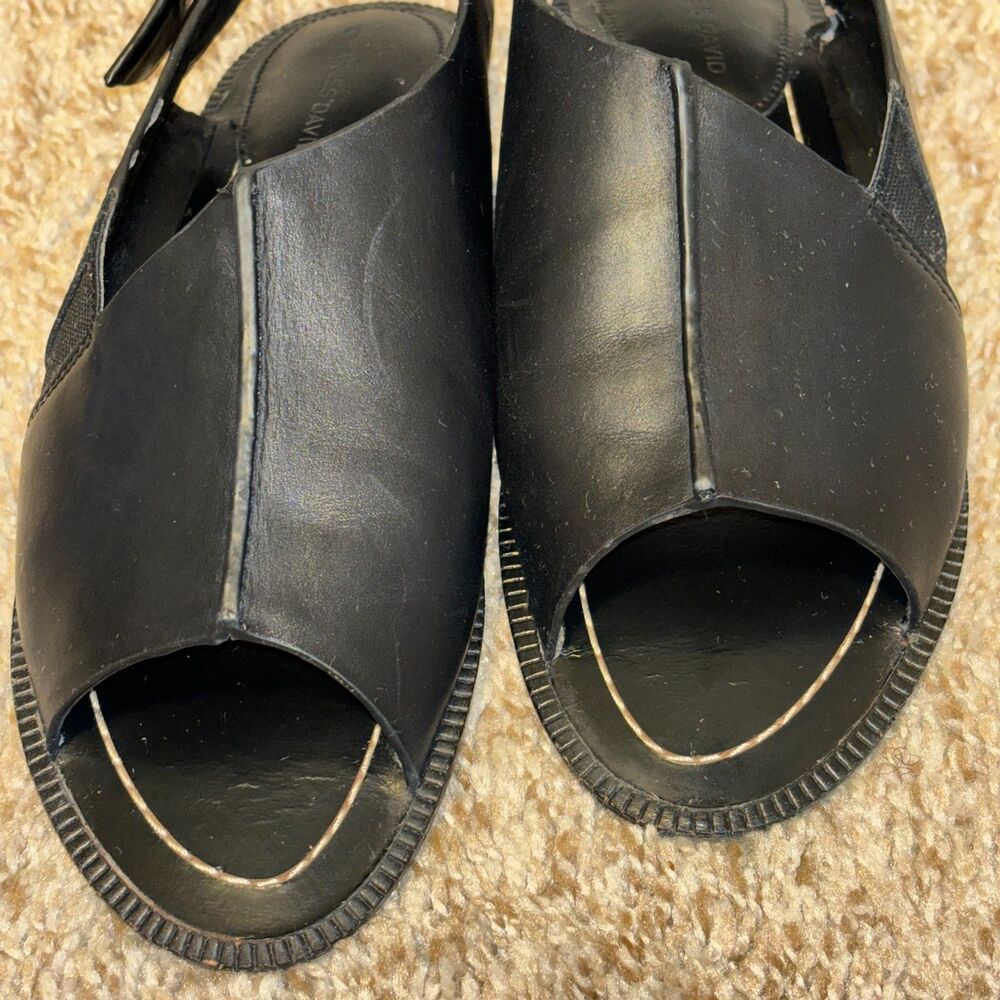 Charles David Black leather flats sz 7 white stitch silver buckle comfort casual